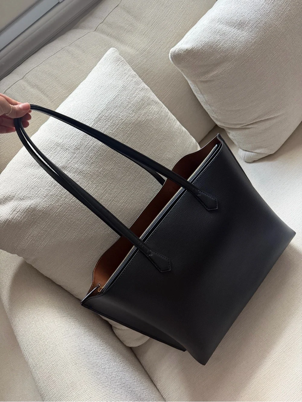 Quince Black Leather Reversible Tote with Brown Interior
